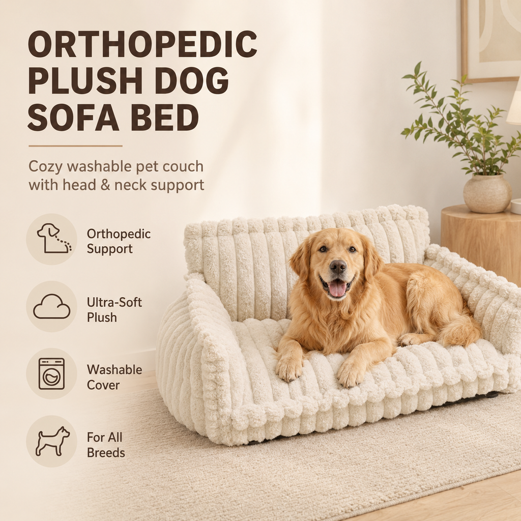 Orthopedic Plush Dog Sofa Bed | Washable Cozy Pet Couch with Head & Neck Support