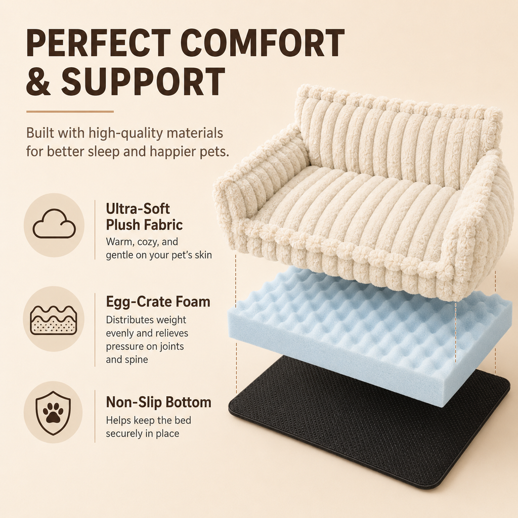 Orthopedic Plush Dog Sofa Bed | Washable Cozy Pet Couch with Head & Neck Support
