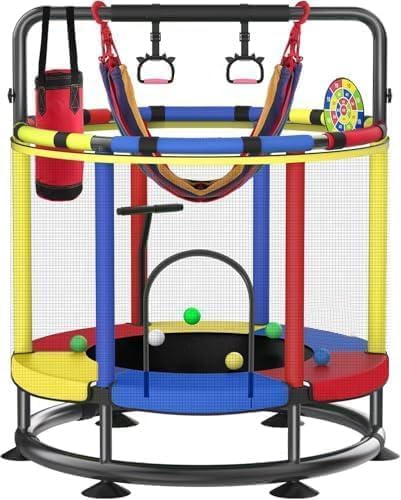 55” Kids Trampoline with Enclosure Net – Heavy-Duty Indoor & Outdoor Mini Trampoline with Basketball Hoop, Swing & Adjustable Bar (Safe 440 lbs Capacity)