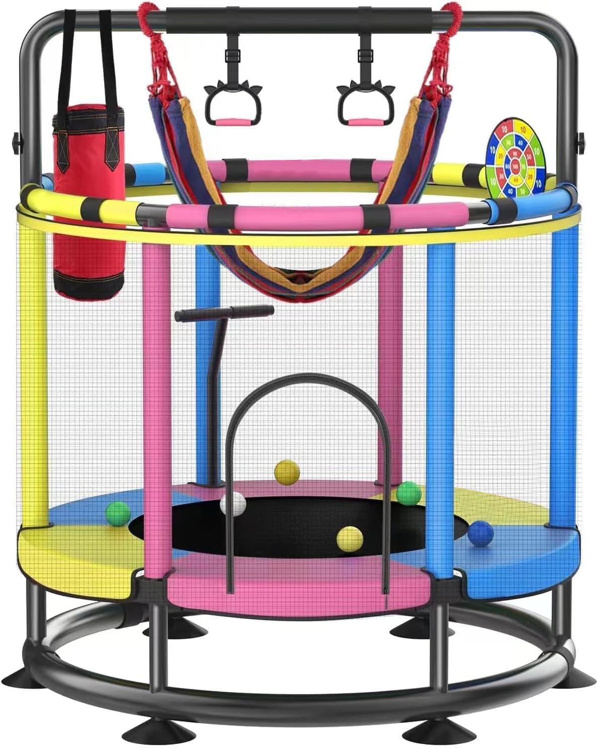 55” Kids Trampoline with Enclosure Net – Heavy-Duty Indoor & Outdoor Mini Trampoline with Basketball Hoop, Swing & Adjustable Bar (Safe 440 lbs Capacity)