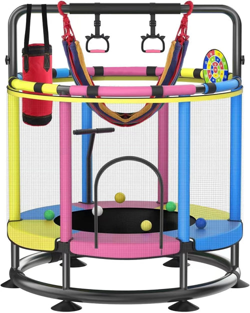 55” Kids Trampoline with Enclosure Net – Heavy-Duty Indoor & Outdoor Mini Trampoline with Basketball Hoop, Swing & Adjustable Bar (Safe 440 lbs Capacity)