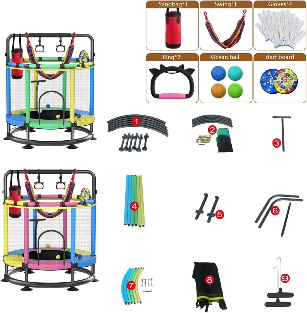 55” Kids Trampoline with Enclosure Net – Heavy-Duty Indoor & Outdoor Mini Trampoline with Basketball Hoop, Swing & Adjustable Bar (Safe 440 lbs Capacity)