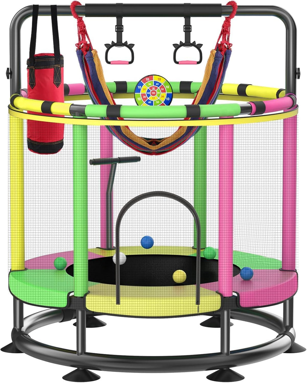 55” Kids Trampoline with Enclosure Net – Heavy-Duty Indoor & Outdoor Mini Trampoline with Basketball Hoop, Swing & Adjustable Bar (Safe 440 lbs Capacity)