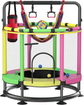 55” Kids Trampoline with Enclosure Net – Heavy-Duty Indoor & Outdoor Mini Trampoline with Basketball Hoop, Swing & Adjustable Bar (Safe 440 lbs Capacity)