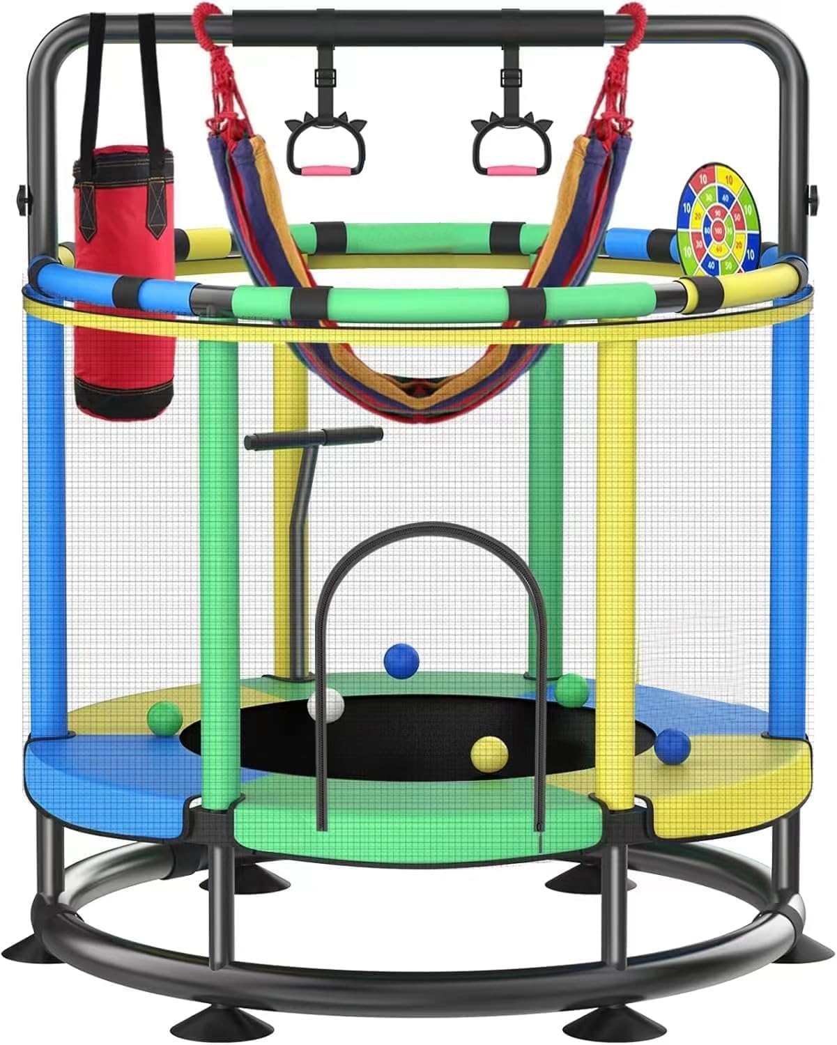 55” Kids Trampoline with Enclosure Net – Heavy-Duty Indoor & Outdoor Mini Trampoline with Basketball Hoop, Swing & Adjustable Bar (Safe 440 lbs Capacity)