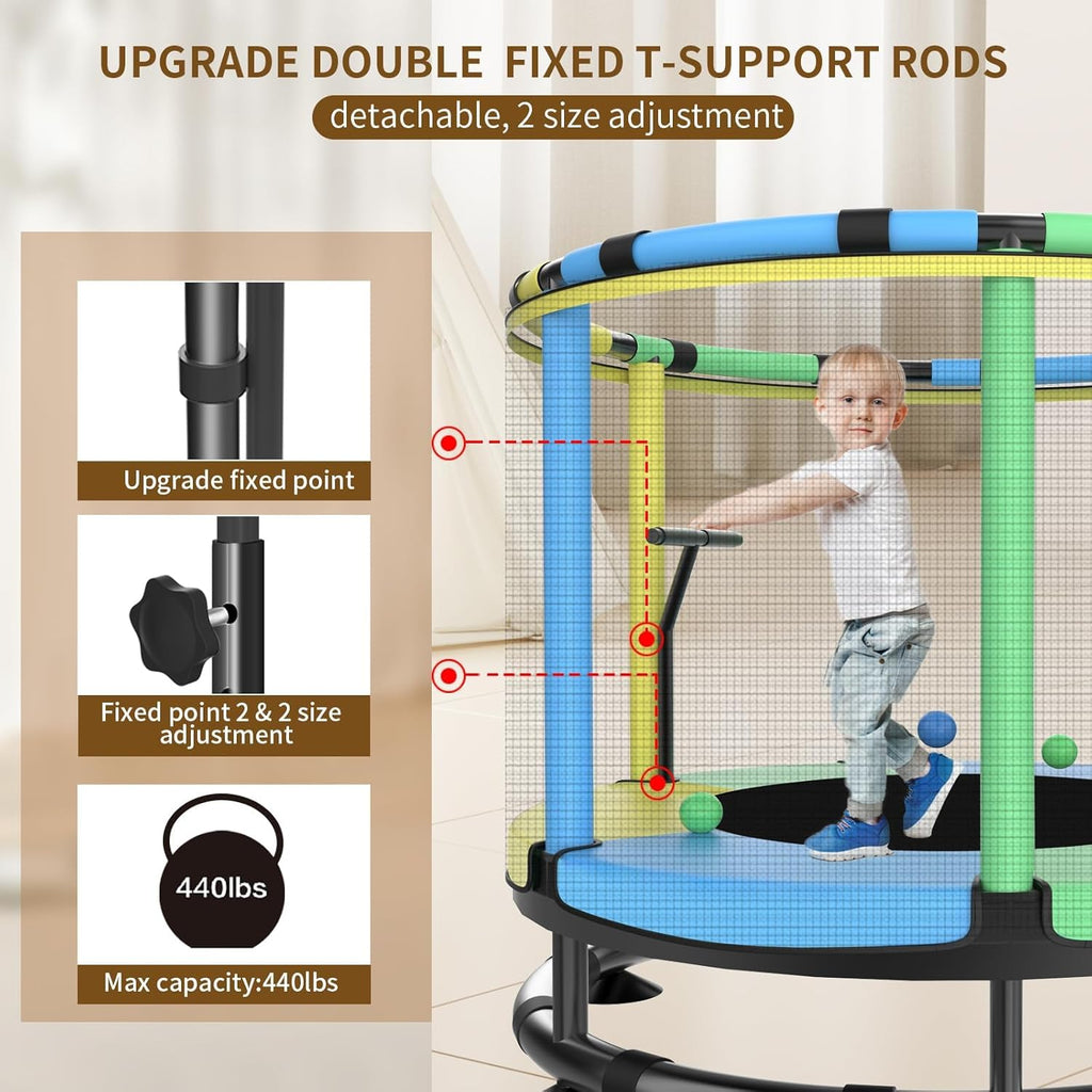 55” Kids Trampoline with Enclosure Net – Heavy-Duty Indoor & Outdoor Mini Trampoline with Basketball Hoop, Swing & Adjustable Bar (Safe 440 lbs Capacity)