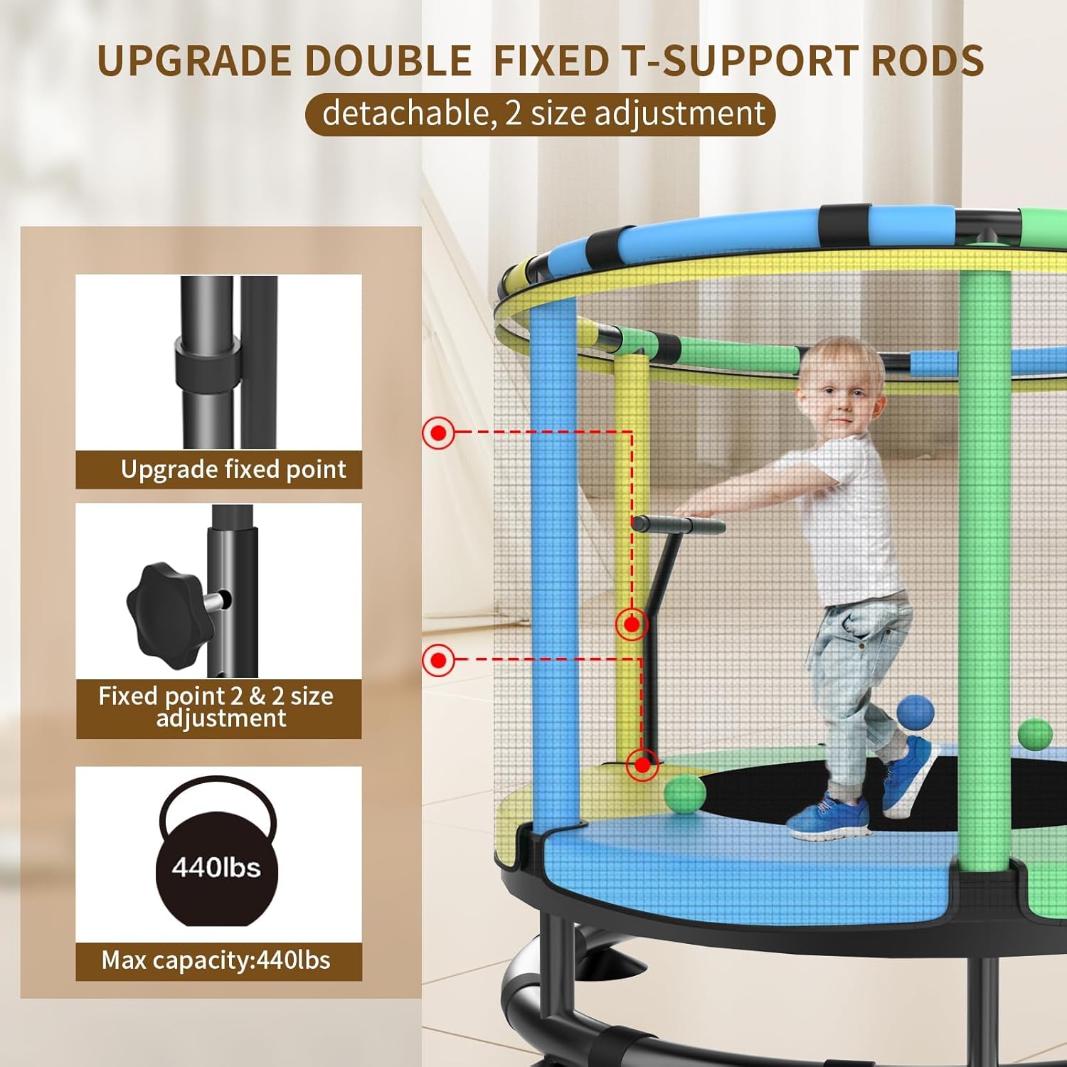 55” Kids Trampoline with Enclosure Net – Heavy-Duty Indoor & Outdoor Mini Trampoline with Basketball Hoop, Swing & Adjustable Bar (Safe 440 lbs Capacity)
