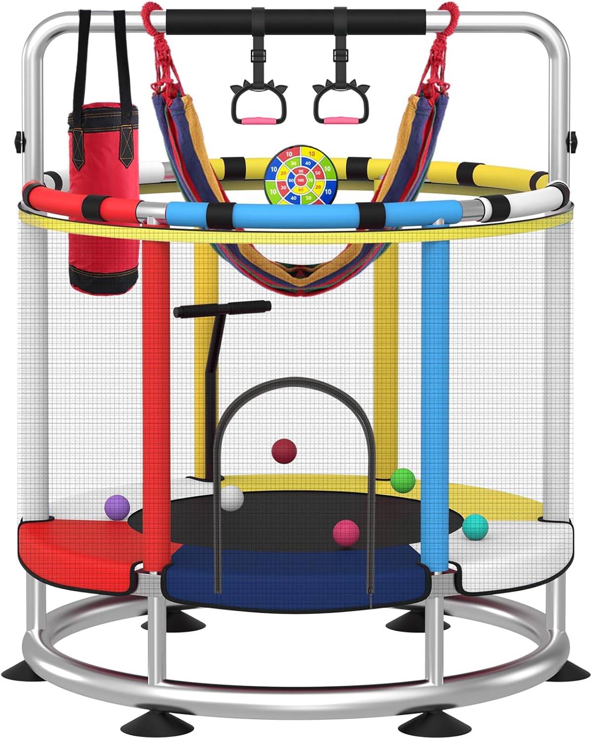 55” Kids Trampoline with Enclosure Net – Heavy-Duty Indoor & Outdoor Mini Trampoline with Basketball Hoop, Swing & Adjustable Bar (Safe 440 lbs Capacity)