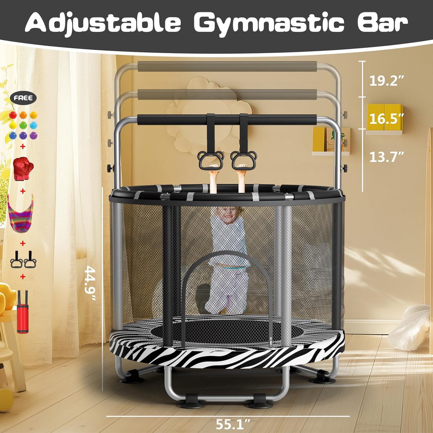 Kids Indoor Trampoline with Gymnastics Bar & Activity Play Set