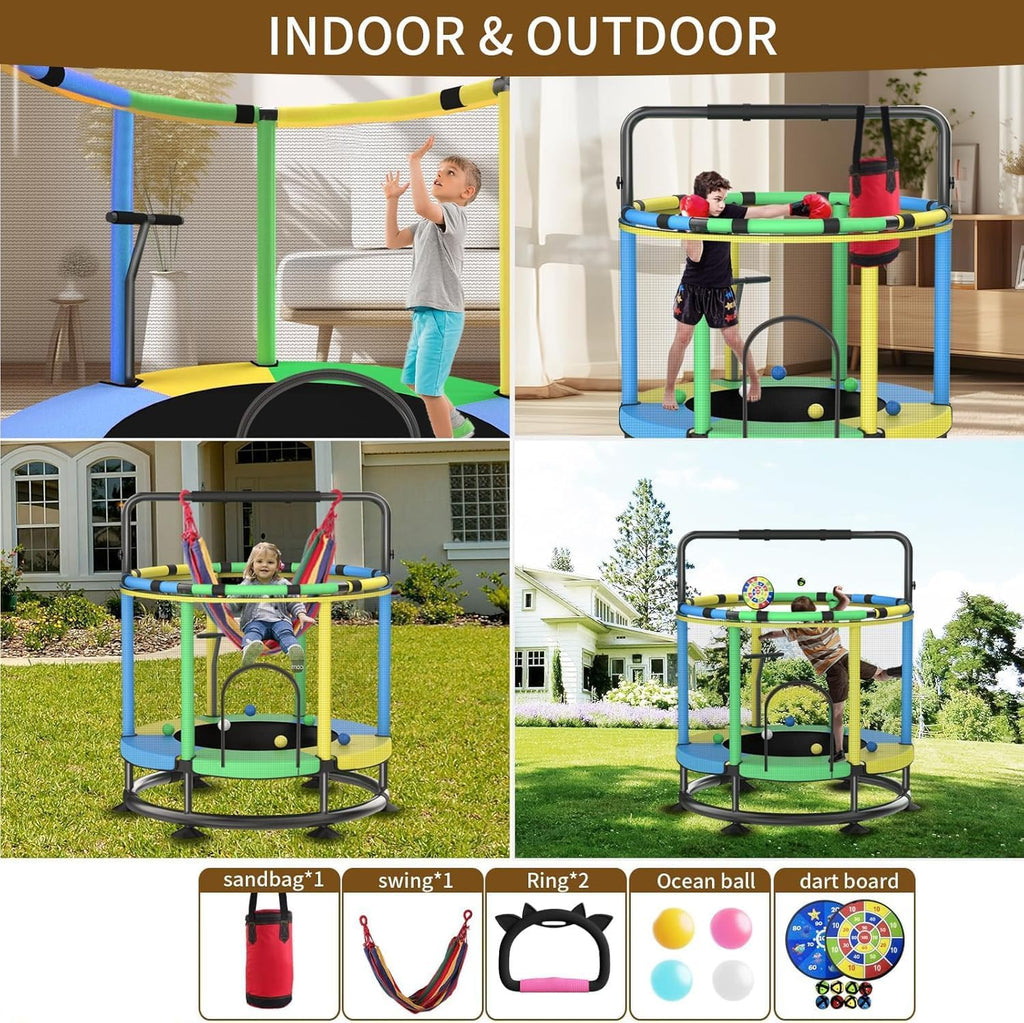 55” Kids Trampoline with Enclosure Net – Heavy-Duty Indoor & Outdoor Mini Trampoline with Basketball Hoop, Swing & Adjustable Bar (Safe 440 lbs Capacity)