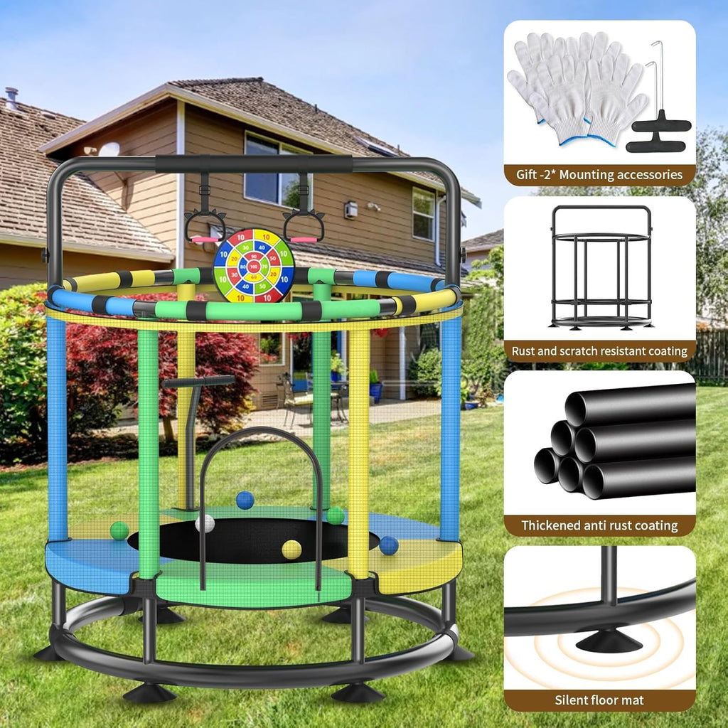 55” Kids Trampoline with Enclosure Net – Heavy-Duty Indoor & Outdoor Mini Trampoline with Basketball Hoop, Swing & Adjustable Bar (Safe 440 lbs Capacity)