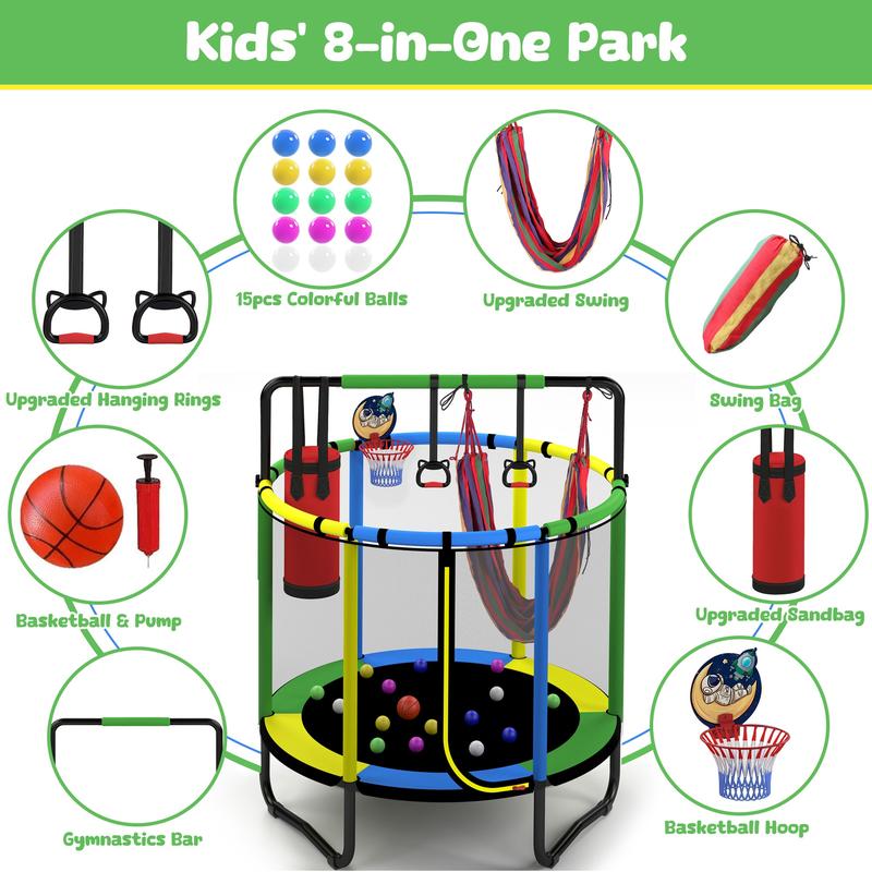 55" Kids Trampoline with Safety Net & 7-in-1 Activity Play Set